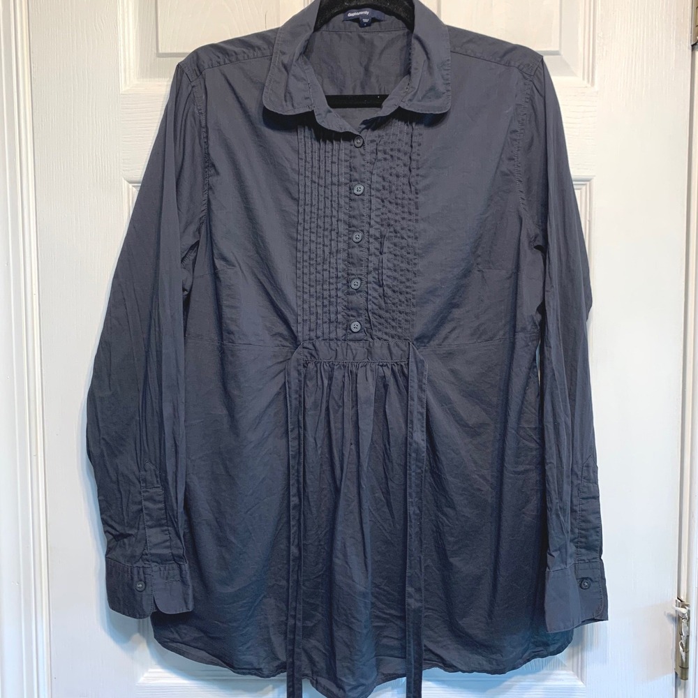 Gap Maternity Button Down Shirt Large Grey Pleated Bib Empire Waist 100% Cotton